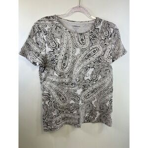 Croft &‎ Barrow Shirt Women's Size M Beige Paisley Scoop Neck Short Sleeve